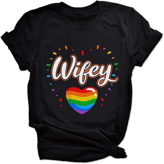 Rainbow Wifey Shirts Lesbian Wedding Tees Heart Love Print LGBT Pride Outfits