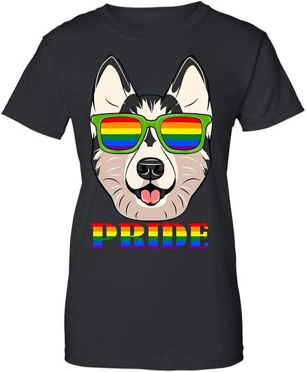 Husky LGBT Flag Glass T-Shirt Flag LGBT Rights Gay Pride Month Transgender Pullover (Female T-Shirt; Black)