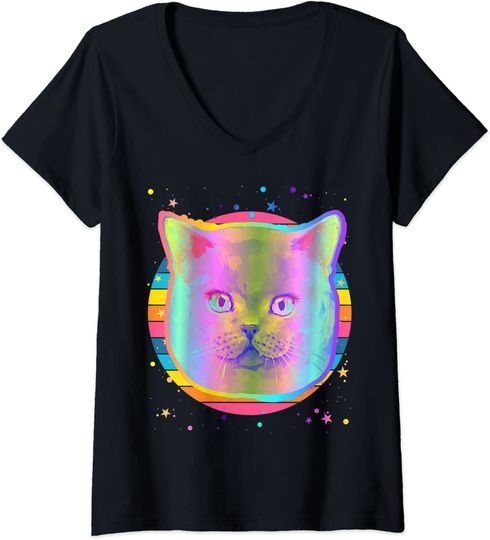 British Shorthair Scottish Fold Cat Rainbow Space Black T Shirt