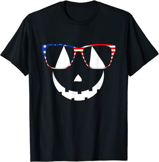 Funny Jack-o'-Lantern Face With U.S Flag Glasses T-Shirt