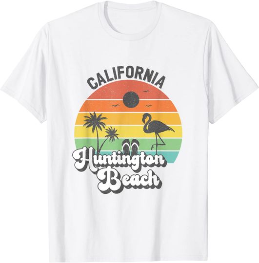 Huntington Beach California Retro Sunset Flamingo T-Shirt