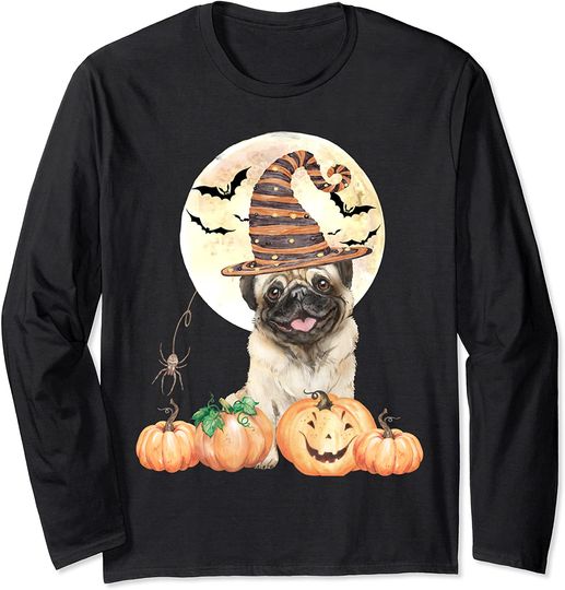 Halloween Pug With Witch Hat Full Moon Bats Spider Dog Pug Long Sleeve
