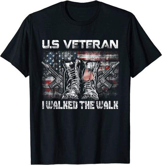 US Veteran I Walked The Walk Combat Boots Dogtag USA Flag T-Shirt