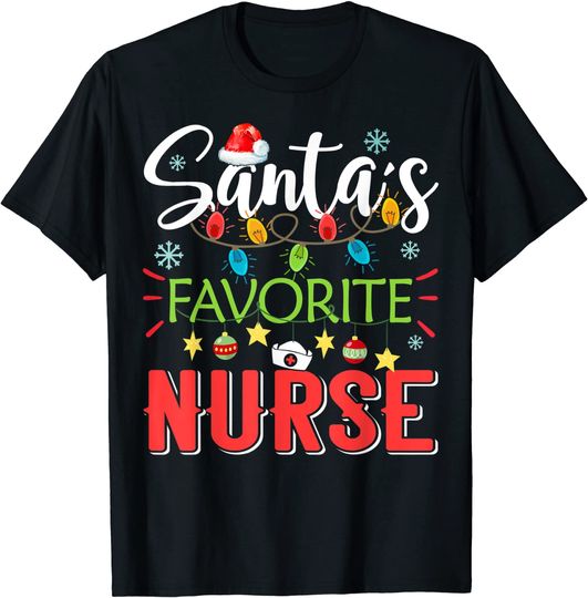 Santa's Favorite Nurse Xmas Light Santa Hat Christmas Gift T-Shirt