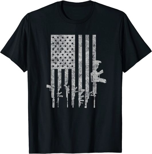 Distressed American Flag Guns T-Shirt Cool Pro Gun Top Tee