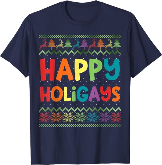 Gay Christmas Funny LGBT Happy Holigays Rainbow Party T-Shirt