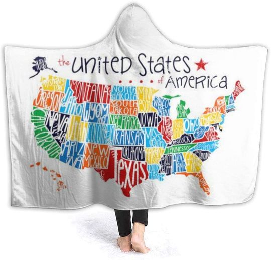 Colored United States America Map Wearable Blanket Fleece Hooded Robe Cloak Throw Quilt