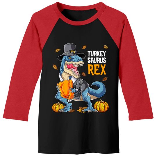 Dinosaur Thanksgiving Boys Turkey Saurus T Rex Pilgrim Kids Baseball Tee