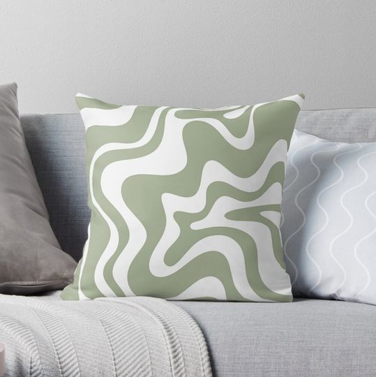 Liquid Swirl Contemporary Abstract Pattern in Sage Green and White Throw Pillow