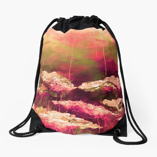 ITS A ROSE COLORED LIFE Floral Hot Pink Marsala Olive Green Flowers Abstract Acrylic Painting Fine Art Drawstring Bag