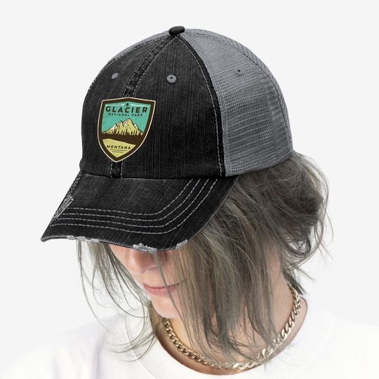 Retro Glacier National Park Montana Mountains Vintage Badge Trucker Hat