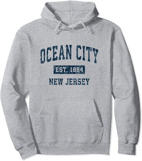Ocean City New Jersey Vintage Sports Design Navy Print Pullover Hoodie