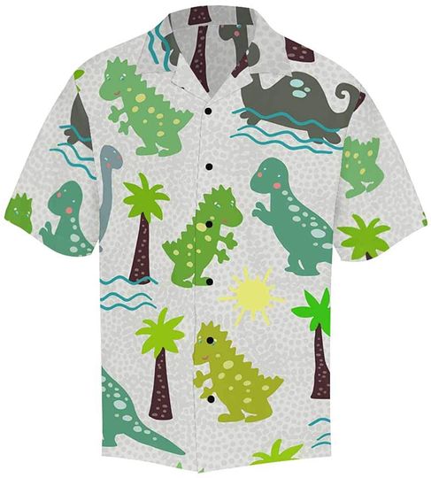 Men's Casual Button Down Short Sleeve Cartoon Dinosaurs Hawaiian Shirt