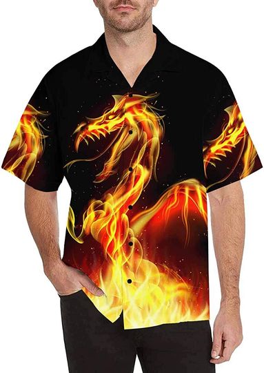 Men's Casual Button Down Short Sleeve Dragon Fire Hawaiian Shirt