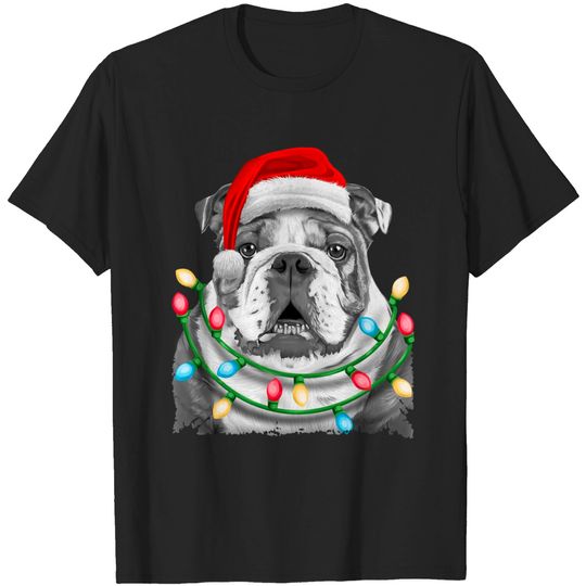 English Bulldog Santa Christmas Tree Lights Xmas T-Shirt
