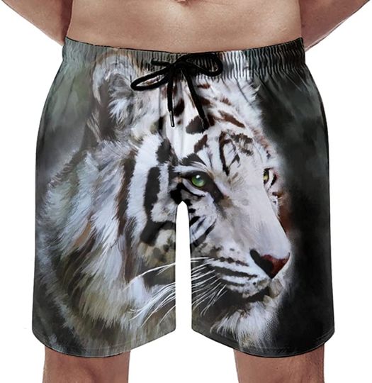 Men's Swim Shorts White Tiger Painting Print Fashion Beach Board Shorts