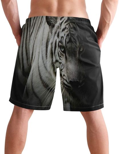 3D Animal White Tiger Art Men's Swim Trunks Quick Dry Shorts