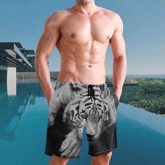 3D Tiger Animal Black and White Men's Swim Trunks Quick Dry Shorts