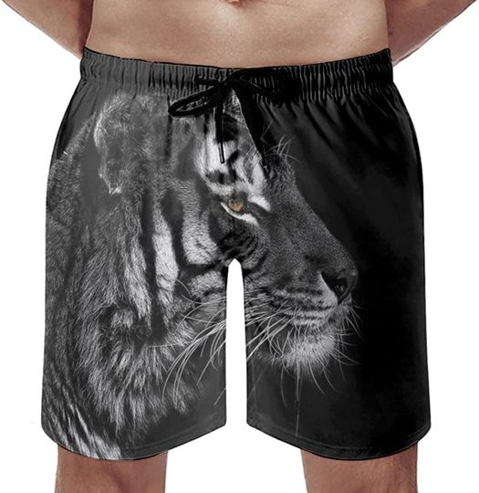 Men's Beach Shorts Black and White Tiger Print Cozy Surf Shorts