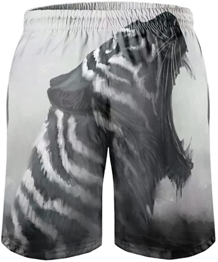 Men's Swimming Trunks Black and White Tiger Print Fantasy Surf Bathing Suit